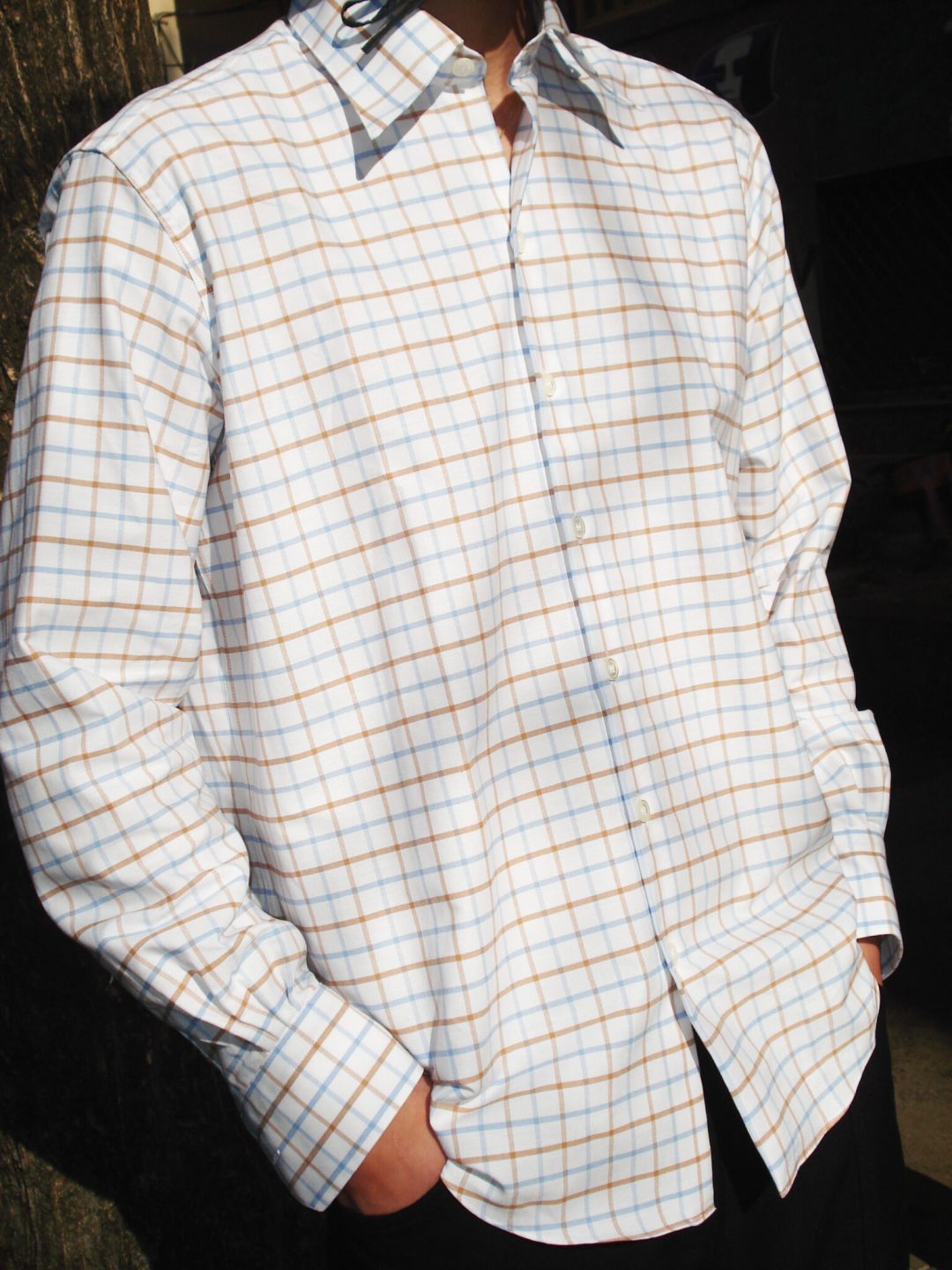 blue ocher checks white cotton normal shirt camisas manolo